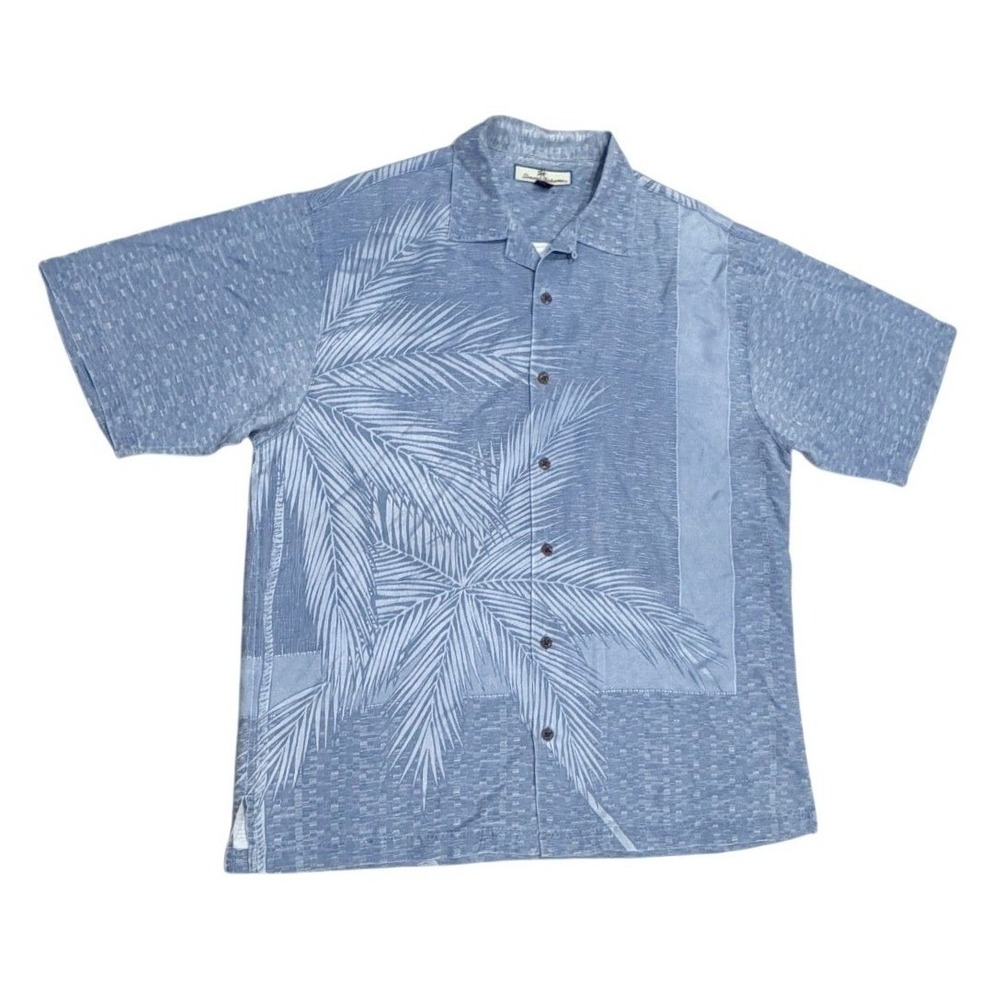 Tommy Bahama Mens Blue Silk Palm Tree Print Hawaiian Camp Shirt M Casual Resort